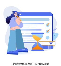 Online testing concept. Student takes exam by marking correct answers on forms scene. Online education, distance learning, refresher courses. Vector illustration with people character in flat design