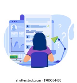 Online testing concept. Woman fills out online questionnaire form by ticking answers, takes exam on remote learning. Template of people scenes. Vector illustration with characters in flat design