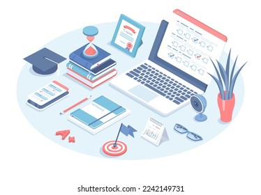 Online testing. Online education, survey, internet quiz, examination. Questionnaire form with checklist on the laptop screen. Vector illustration in 3d design. Isometric web banner.	
