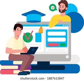 Online testing. e-learning, education and assessment concept. student and tutor communicate via computer. Flat design Illustration. Vector.