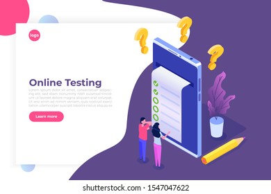 Online testing, E-learning, education isometric concept. Vector illustration.