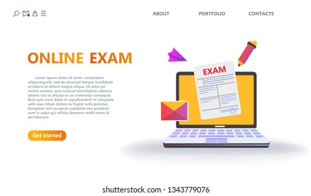 Online testing or exam service concept. Online education concept banner with minimalistic icons. Computer phone devices for distance learning. Business school template landing page - flat vector