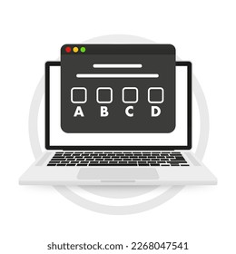 Online testing. Landing page template. Modern flat concept for web design. Web page online tests laptop. Online exam, laptop with checklist, taking test, choosing answer. Vector illustration