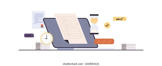 Online testing and learning, examination on computer, checklist form with exam on monitor, survey, quiz, education, hourglass flat vector illustration.