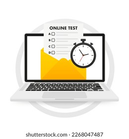 Online testing. A letter with tests and a clock. Modern flat concept for web design. Web page online test laptop. Online exam, laptop with checklist, taking test, choosing answer. Vector illustration