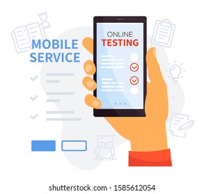Online testing mobile service - colorful vector illustration on white background with thematic icons. A composition with a hand holding a smartphone. Application for passing an exam with check list
