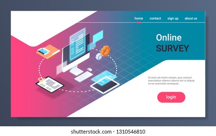 online testing questionnaire form survey concept internet quiz computer monitor checklist examination result green checkmark 3d isometric copy space horizontal