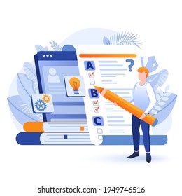 Online testing scene. Student takes exam, choosing answer in questionnaire form with checklist. Education, control test of knowledge concept. Vector illustration of people characters in flat design