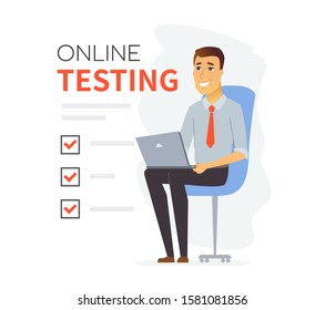 Online testing - vector cartoon character illustration on white background. A composition with a cheerful businessman passing an exam on a laptop. E-learning, remote workplace, education themes