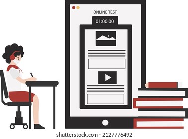 Vector de pruebas en línea aislado. Gente estudiando usando computadora portátil. Examen en línea, cuestionario en internet.