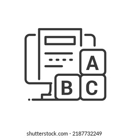 Online testing - vector line design single isolated icon on white background. High quality black pictogram. Image of computer and kids alphabet blocks. Remote elementary school and home education idea