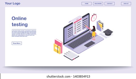 Online testing webpage vector template with isometric illustration. Student testing, education website interface design. Computer display with exam forms. Examination test webpage 3d concept