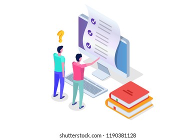 Online testing,E-learning, education isometric concept. Vector illustration.