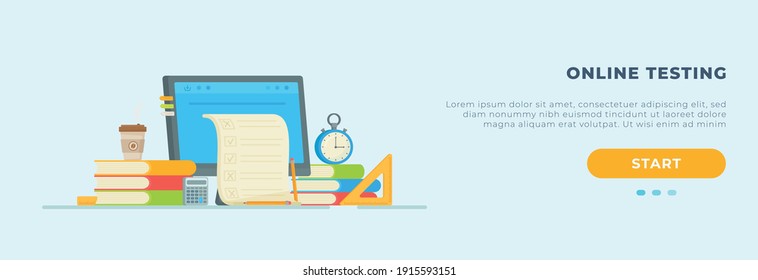 Online tests. Vector illustration of computer exams. Test preparation. Doing your homework.