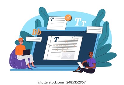 Online text editing. Men in glasses with laptops read article at webpage. Editors and copywriters. Freelancers work on internet. Online earnings. Flat vector illustration isolated on white background