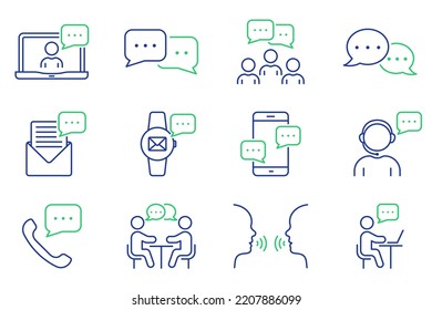 Online Text Message In Chat, Interview Talk Line Icon Set. Community People Talk On Video Conference Outline Icon. Person Communication Linear Pictogram. Editable Stroke. Isolated Vector Illustration.