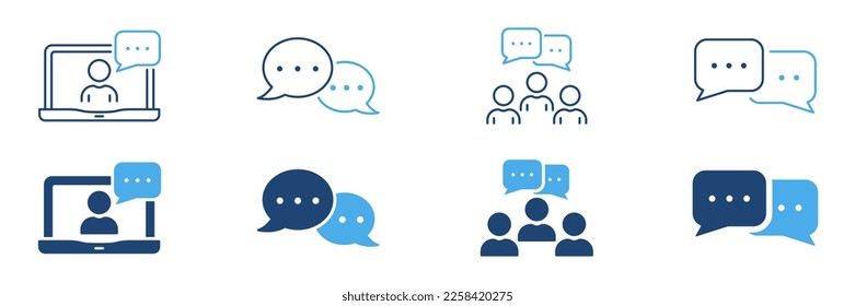 Online Text Message in Chat Line and Silhouette Icon Color Set. Community People Talk on Video Conference Icon. Virtual Communication. Interview Sign. Editable Stroke. Isolated Vector Illustration.