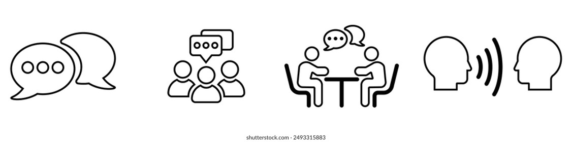Online Text Message in Chat Line and Silhouette Icon Color Set. Community People Talk on Video Conference Icon. Virtual Communication. Interview Sign. Editable Stroke. Isolated Vector Illustration.