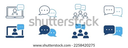 Online Text Message in Chat Line and Silhouette Icon Color Set. Community People Talk on Video Conference Icon. Virtual Communication. Interview Sign. Editable Stroke. Isolated Vector Illustration. 商業照片 © 