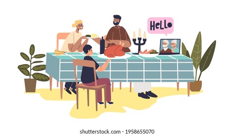 Online Thanksgiving Family Dinner With Family Sitting At Celebration Table With Laptop Call To Grandparents Via Virtual Video Chat. Cartoon Flat Vector Illustration