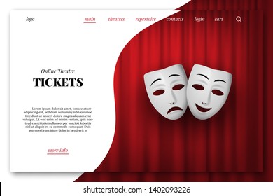 Online Theatre Tickets Vector Landing Page Template. Comedy And Tragedy Theatrical Mask Isolated On A Red Curtain Background