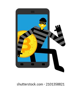 Online theft of Bitcoin. Thief steals Cryptocurrency from gadget. Internet stealing Electronic money. Burglar and smartphone