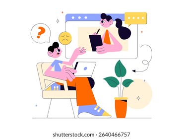 Online Therapist Consultation Vector Illustration Featuring Psychological Counseling and Practice via Smartphone Video Call on Screen in a Background