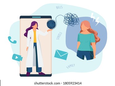 Online therapist. Psychotherapy, phone psychology consultation. Telemedicine, doctor and patient with mental problems vector illustration