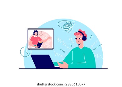 Online Therapy concept with people scene in the flat cartoon design. The young man engages in online therapy with his psychologist because he cares about his mental health. Vector illustration.