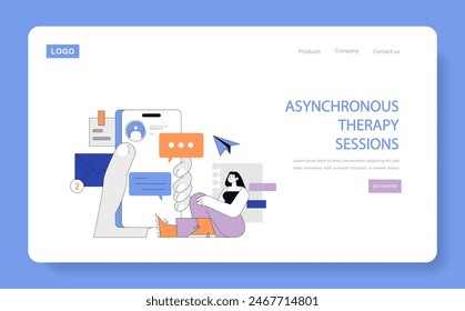 Concepto de terapia en línea. Sesión virtual de asesoramiento con carácter femenino que refleja los servicios de telepsicología. Asistencia moderna de salud mental. Ilustración vectorial.