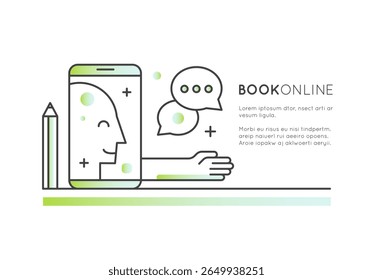 Online therapy concept with virtual mental health support, remote counseling, digital consulting, therapy session, emotional help, self-care, and psychological assistance in vector style icon logo
