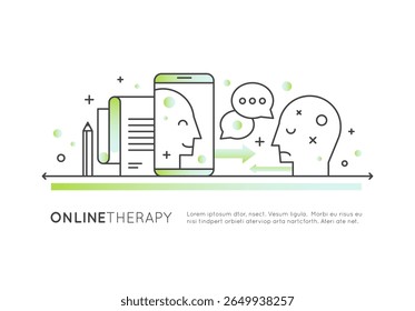 Online therapy concept with virtual mental health support, remote counseling, digital consulting, therapy session, emotional help, self-care, and psychological assistance in vector style icon logo