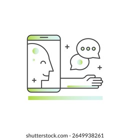 Online therapy concept with virtual mental health support, remote counseling, digital consulting, therapy session, emotional help, self-care, and psychological assistance in vector style icon logo