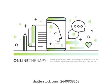 Online therapy concept with virtual mental health support, remote counseling, digital consulting, therapy session, emotional help, self-care, and psychological assistance in vector style icon logo