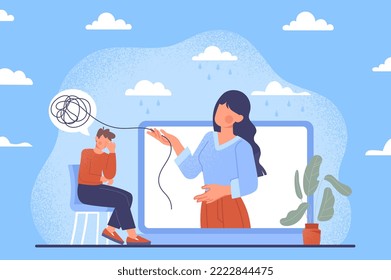 Online therapy concept. Woman helps man to understand himself, video conference. Modern technologies and digital world. Gadgets and devices. Poster or banner. Cartoon flat vector illustration