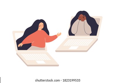 Online therapy and counselling for people under stress and depression. Girl comforts her sad friend over the laptop. Young woman supports female with psychological problems. Vector