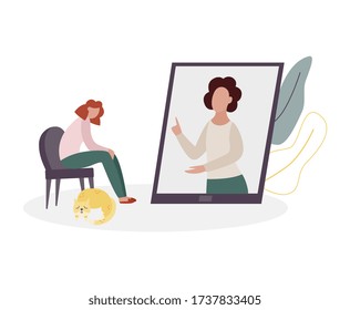 Online therapy counselling session with therapist woman in phone or tablet screen talking to cartoon patient on chair. Psychological help app concept, vector illustration.