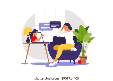 Online Therapy And Counselling Under Stress And Depression. Young Woman Psychotherapist Supports Female With Psychological Problems. Vector Illustration