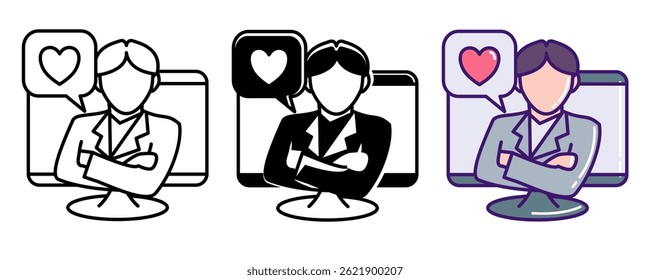 Online Therapy icon represented by therapist, monitor, computer Line, Filled, Color style.