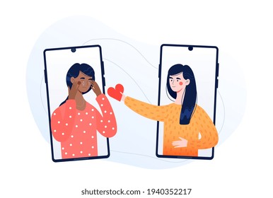 Online therapy of psychological problems concept. Online or mobile phone networking communication concept with a girl comforting a crying friend using smartphones, flat colored vector illustration