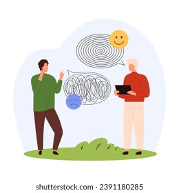 Online therapy with psychologist vector illustration. Cartoon tiny people on psychotherapy session, psychotherapist working with tangled thread to help, simplify complex mind problem in patients life