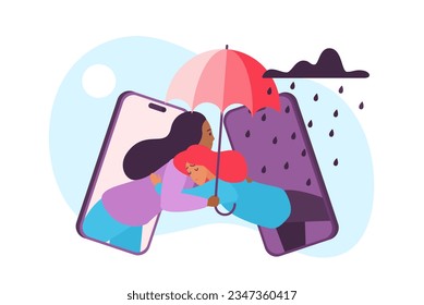 Online therapy, psychology help and support in depression and stress vector illustration. Cartoon female counselor holding umbrella to protect from rain and comfort, hugging sad girl from phone