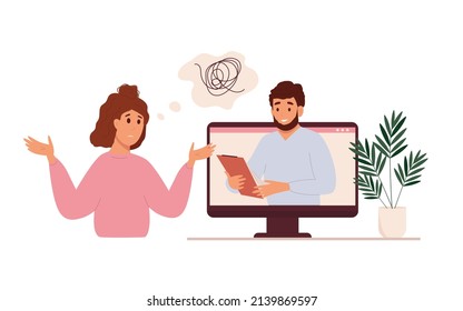 Terapia en línea. Sesión de psicoterapia. Ilustración del vector