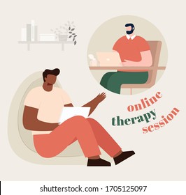 Online Therapy Session During Covid19. Corona Virus Self Isolation. Stay Home, Mental Health. Visite Psychologist, Therapist, Counsel Patient. 