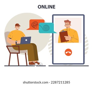 Online therapy session. Psychotherapy practice, psychological help, psychiatrist consulting patient with his problem in video call. Flat vector illustration