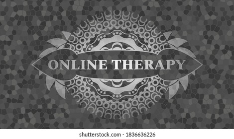 Online therapy text inside grey color stone wall realistic emblem. Rock fashionable background. Artistic illustration. 