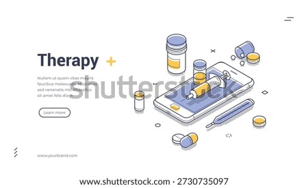 Online therapy web banner. Isometric vector illustration for medical landing page template. Modern design has smartphone, syringe, pills, thermometer for digital healthcare service
