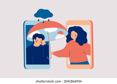 Online therapy. Woman supports man with psychological problems. Girl comforts her sad male friend over the phone. Counselling for people under stress and depression over online services. Vector