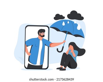 Online therapy. Woman supports man with psychological problems. Girl comforts her sad male friend over the phone. Counselling for people under stress and depression over online services. Vector