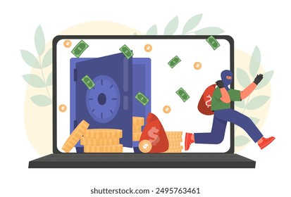 El ladrón en línea roba dinero. Hombre en máscara con bolsa de dinero corre cerca de la computadora portátil. Hacker hackeó el sistema bancario y la aplicación móvil. Joven con cibercrimen. Ilustración vectorial plana